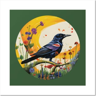 Red Winged Blackbird Wild Flowers Backyard Birds for Birders Posters and Art